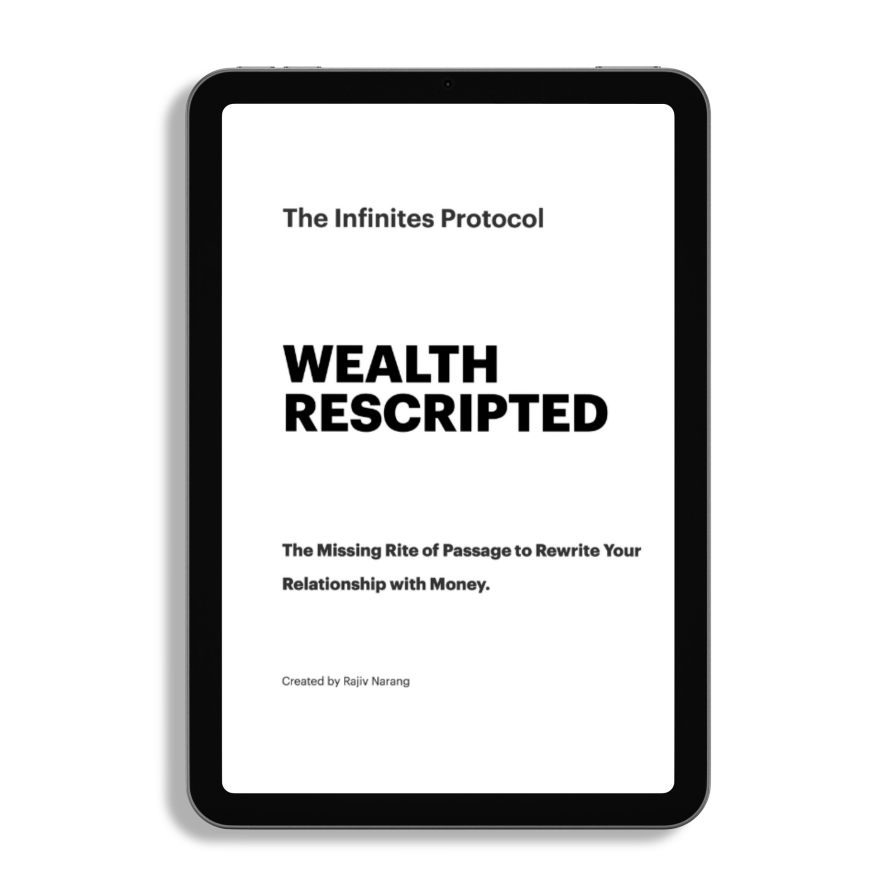 A digital mockup of the 350-page Wealth Rescripted protocol displayed on a tablet.